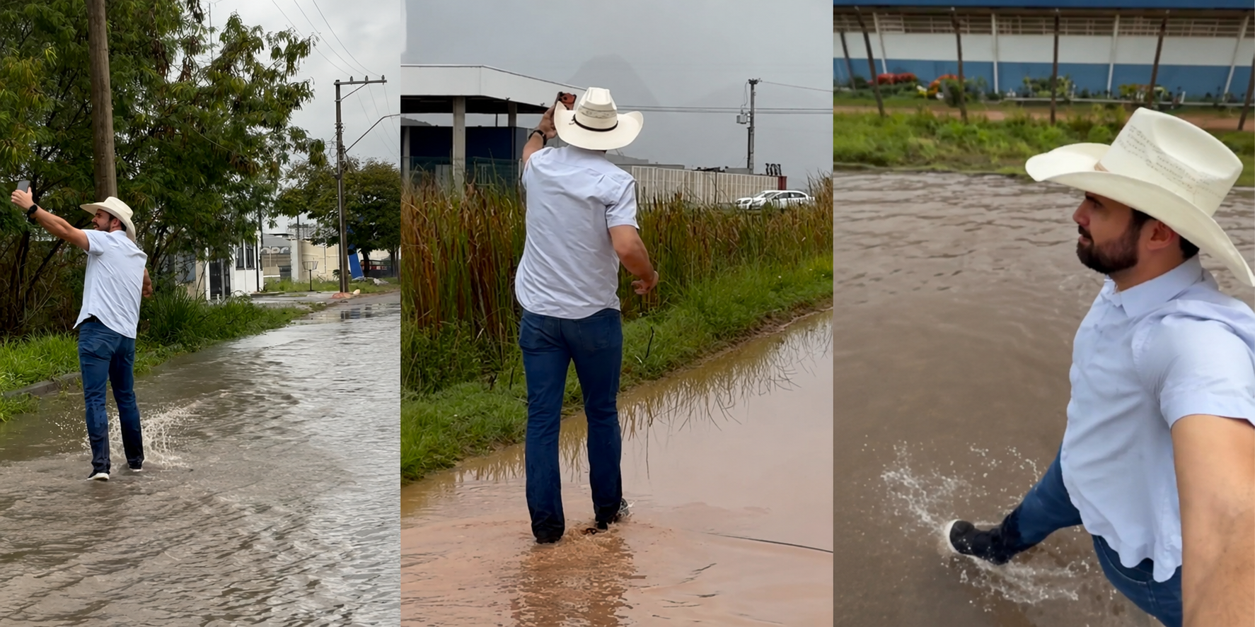 Deputado Pablo Muribeca caminha por rua alagada durante vistoria em área industrial da Serra, no Espírito Santo.